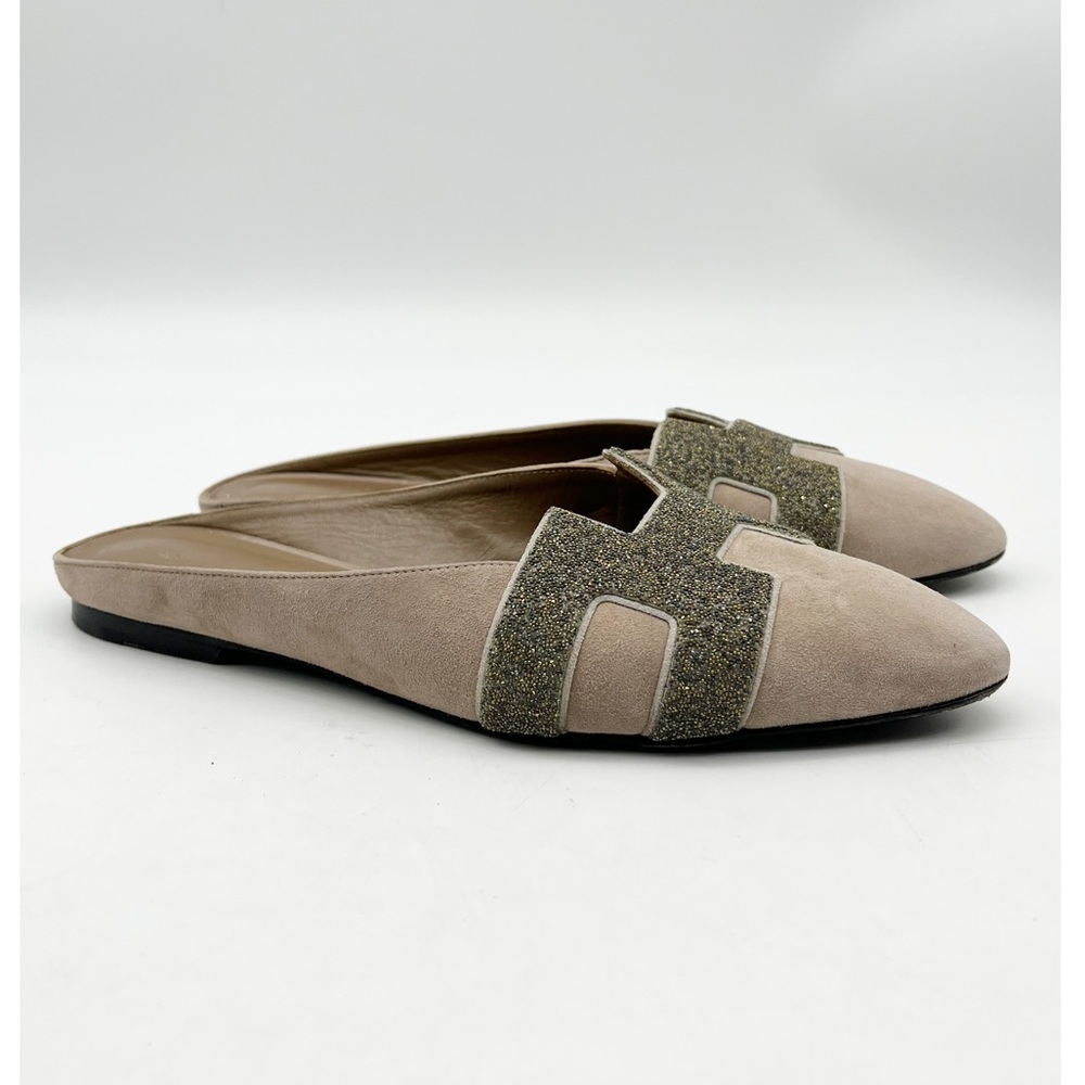 HERMES Beige Suede Leather Mules Flats Slip On Shoes Sz 35 1/2